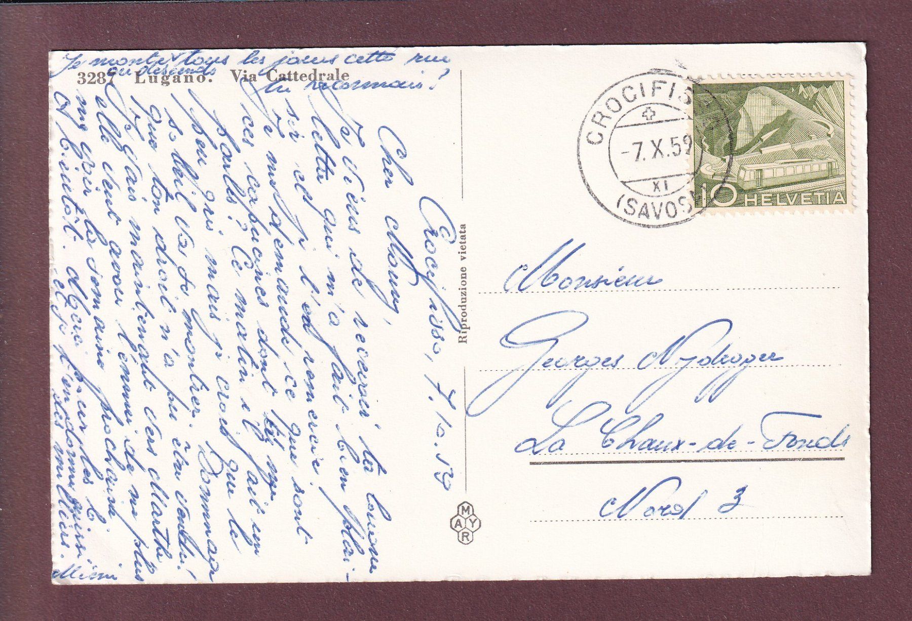 Cartoline postali: LUGANO - Via Cattedrale - 1959 – Usato da Pully venduto da nicecards 1