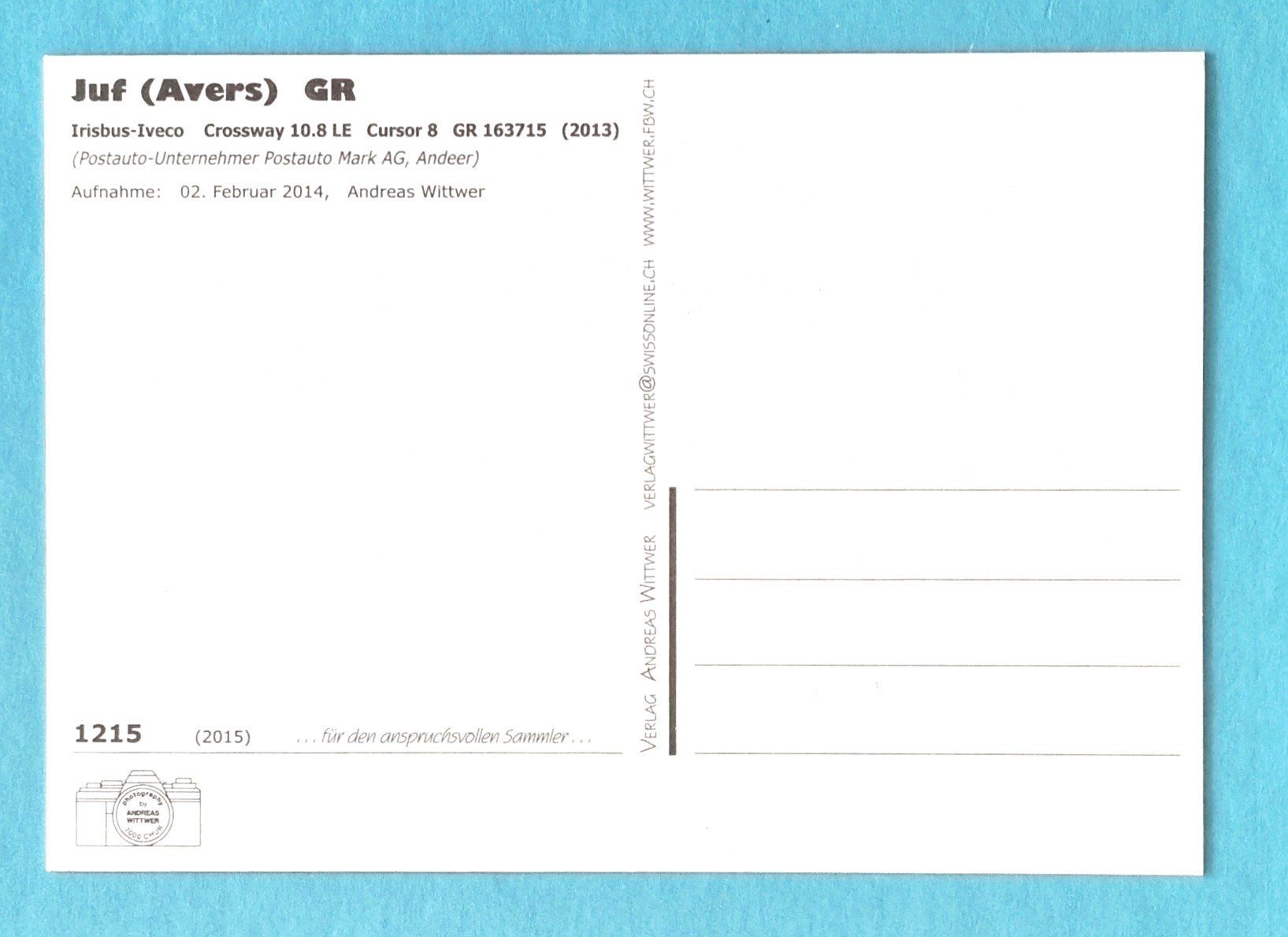 Cartoline postali: Juf - Avers (GR) - Postauto - IRISBUS-IVECO - 2014 – Usato da Rothrist venduto da RROENK 1