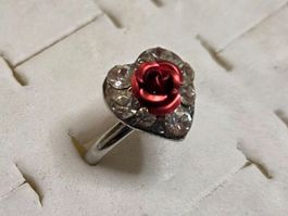 Bague ajustable coeur rose rouge strass brillant