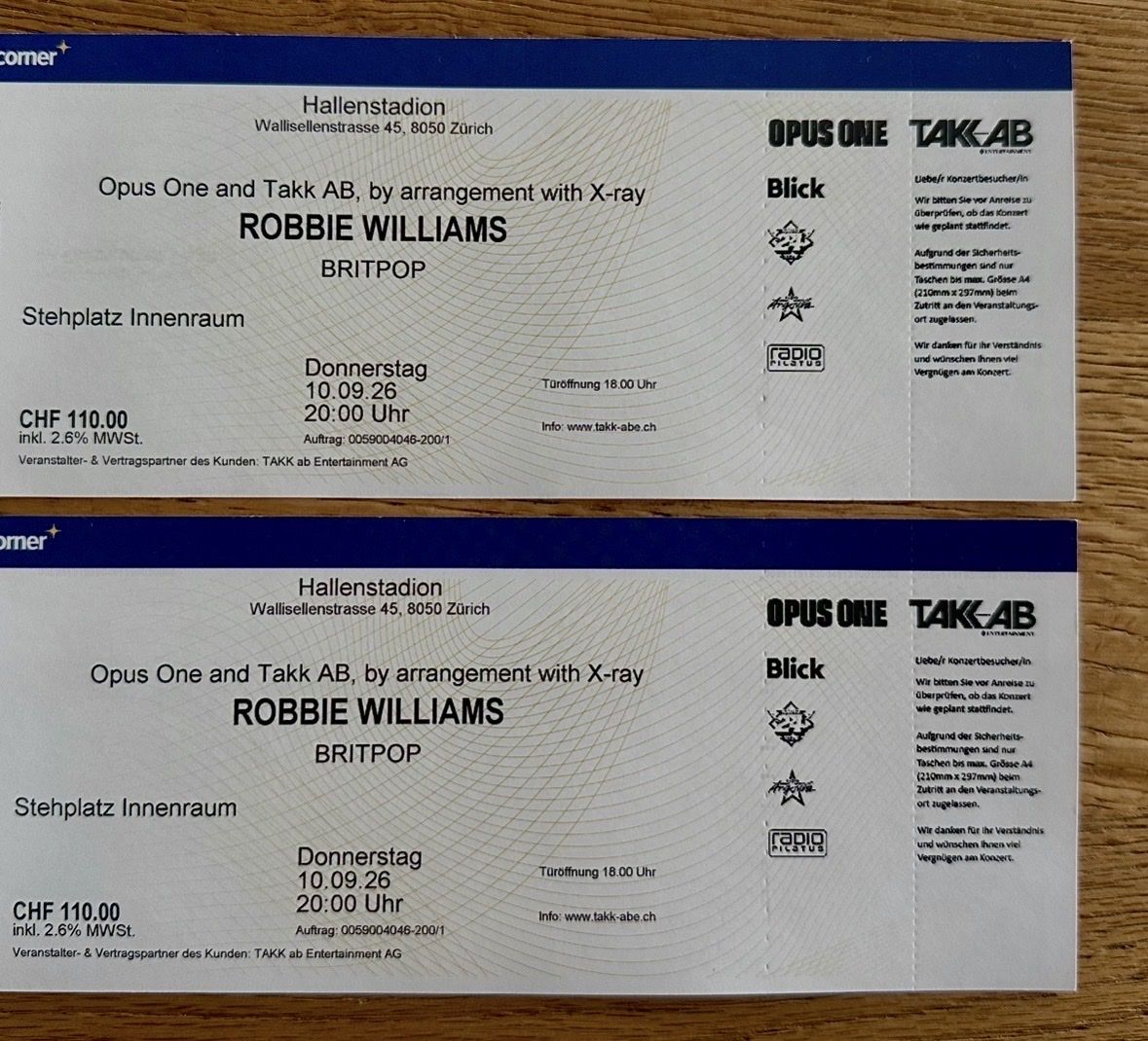 Biglietti: 2x Robbie Williams Stehplätze DO, 10.9. – Nuovo e nell'imballaggio originale da Gisikon venduto da Patrickbrun