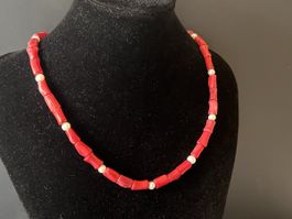 Red Coral & White Pearl Necklace - Gold Plated Silver