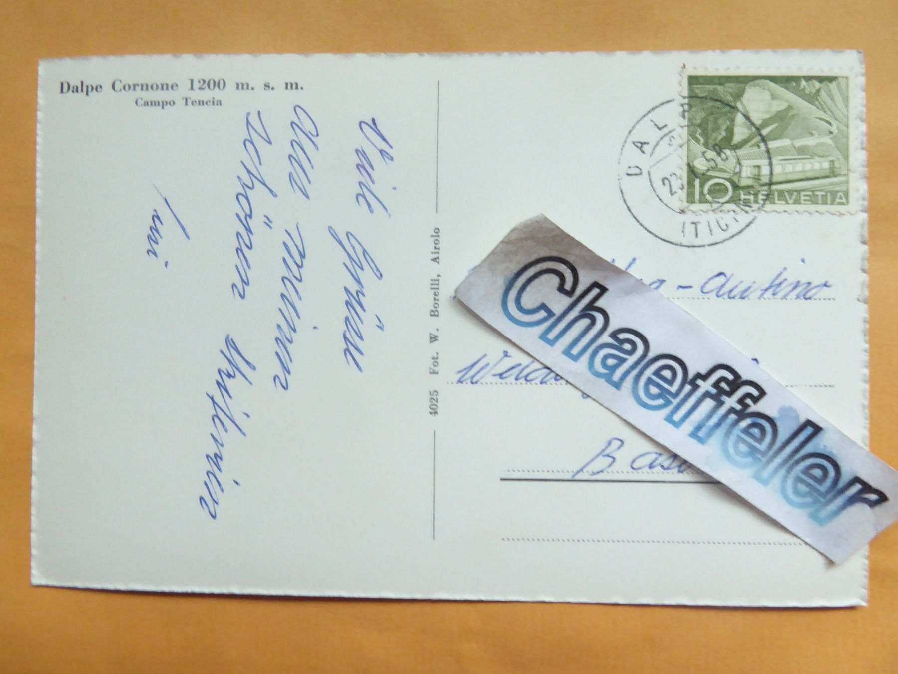 Cartoline postali: 1958  Dalpe Carnone, Campo Tensia – Usato da Zürich venduto da Chaeffeler 1