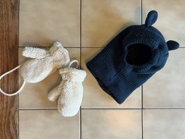 Balaclava Mütze mit Fäustlingen Strick dunkelblau Creme