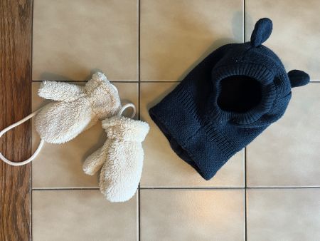 Balaclava Mütze mit Fäustlingen Strick dunkelblau Creme