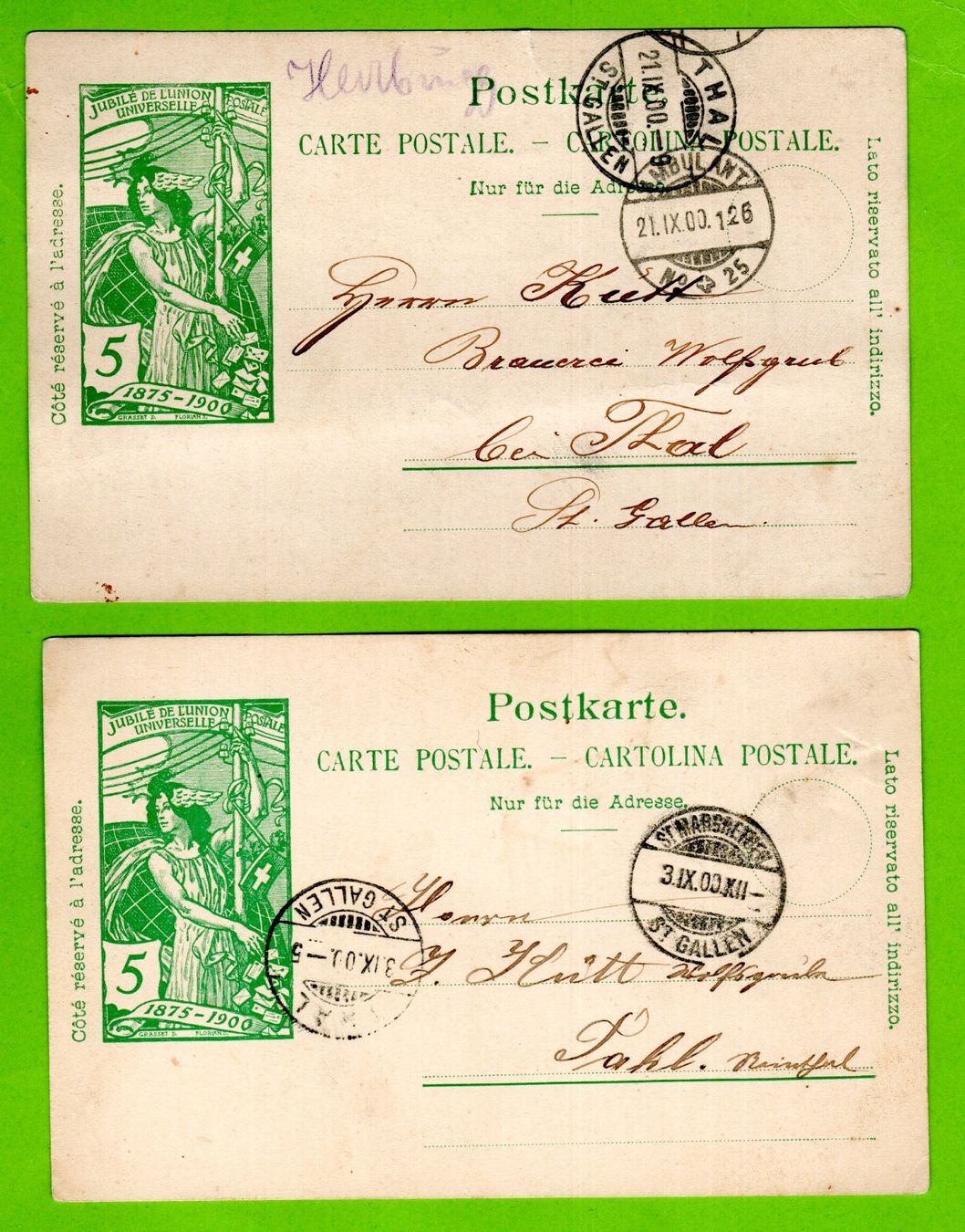 Alle Briefmarken: 1900 - 2 UPU Postkarten (a) – Gebraucht aus Stein am Rhein von Huehnerhund
