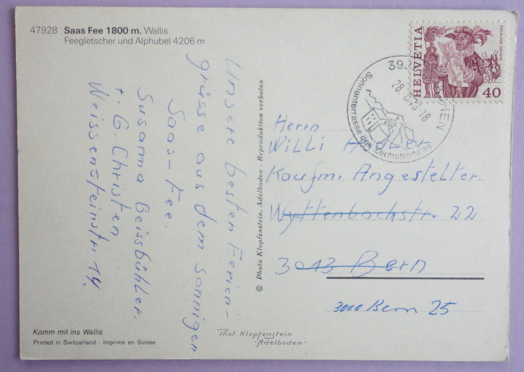 Cartoline postali: Saas Fee 1800 m, Feegletscher – Usato da Fétigny venduto da Billy2miny 1