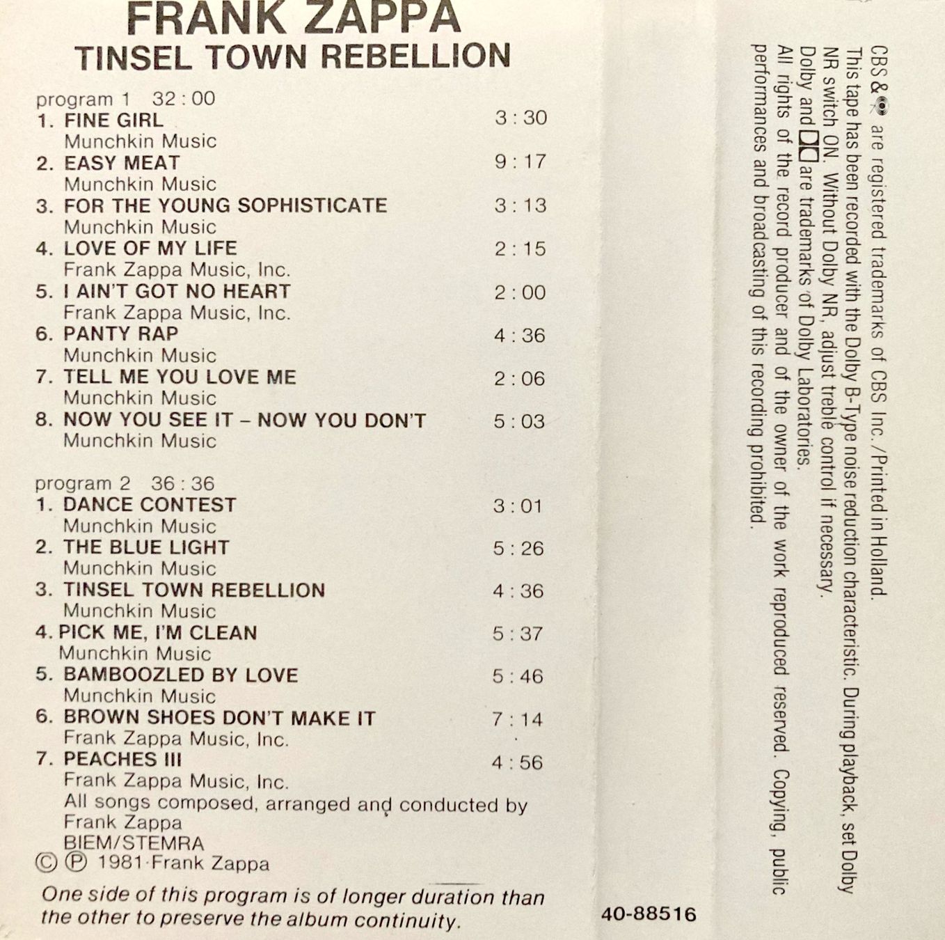Musicassette: FRANK ZAPPA - TINSEL TOWN REBELLION – Usato da Bottens venduto da hotter-than-hell 1