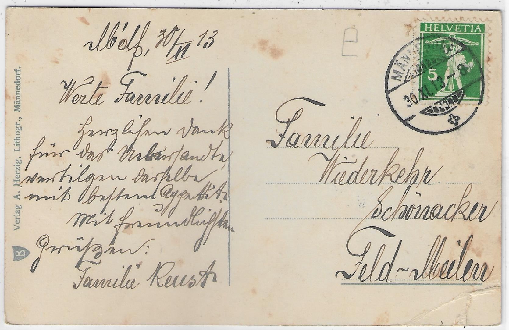 Ansichtskarten: Männedorf - Generalansicht - Litho – Defekt aus Ettingen von Kartenplanet 1