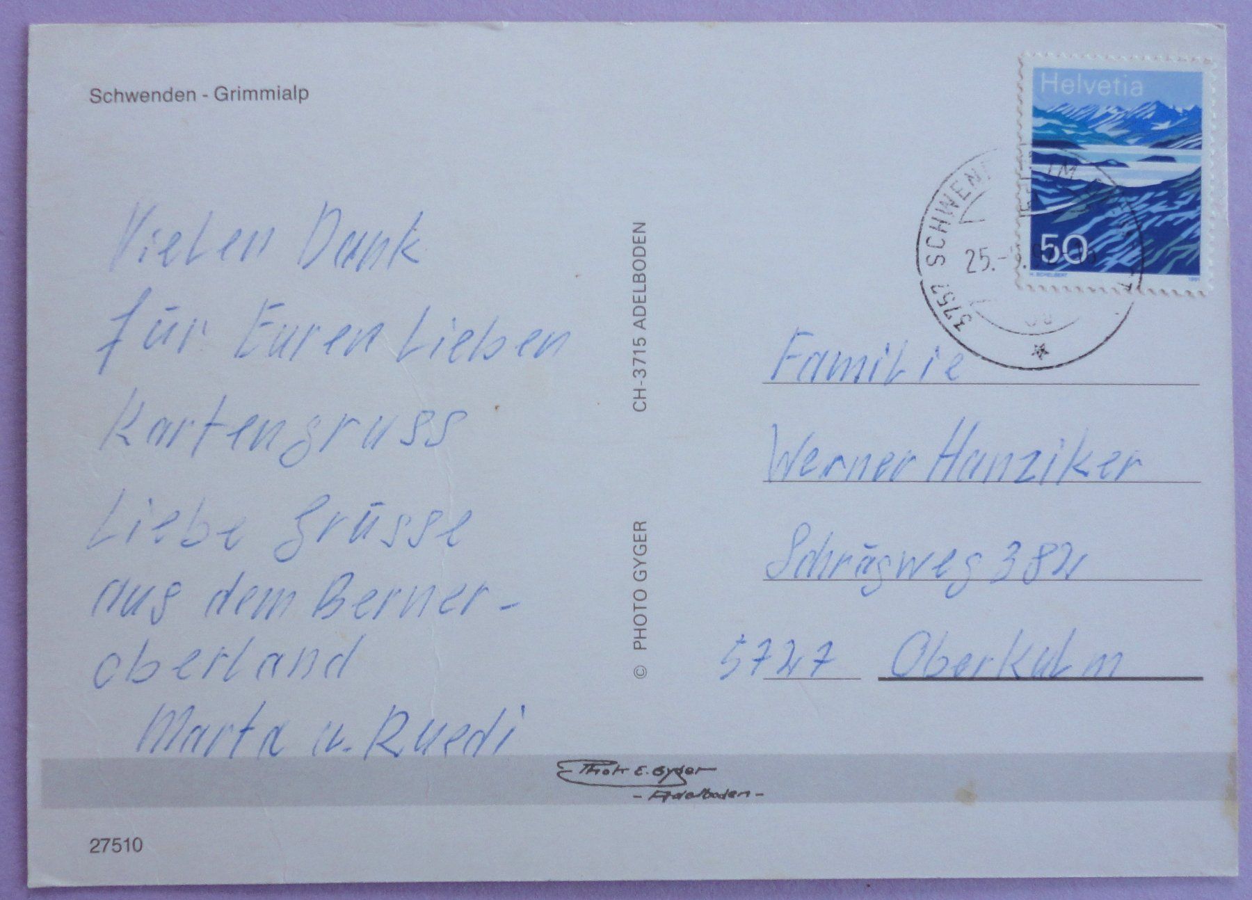 Cartes postales: Schwenden - Grimmialp – Défectueux à Fétigny par Billy2miny 1
