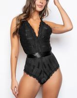 Body lingerie en dentelle avec détail de ruban , noir  L