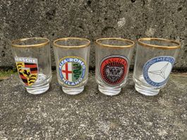 4 Schnapsgläser mit Auto-Logos, Oldtimer-Sammlerstück