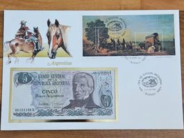 Notenbrief Bankfrische 5-Pesos-Banknote aus Agentien