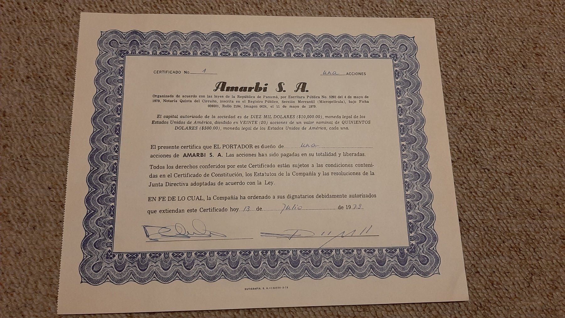 Dokumente: Aktie Amarbi SA, Panama, 1979 – Neu (gemäss Beschreibung) aus Porza von ulletta1