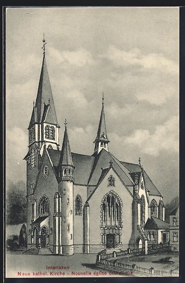 Cartoline postali: Interlaken, Neue kathol. Kirche – Usato da Berlin venduto da bartko-reher