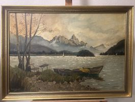 Grosses Ölgemälde „Seelandschaft mit Alpenpanorama“ – 