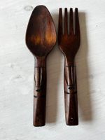 Holz Salatbesteck geschnitzt mit Gesicht 2 Teile 30cm