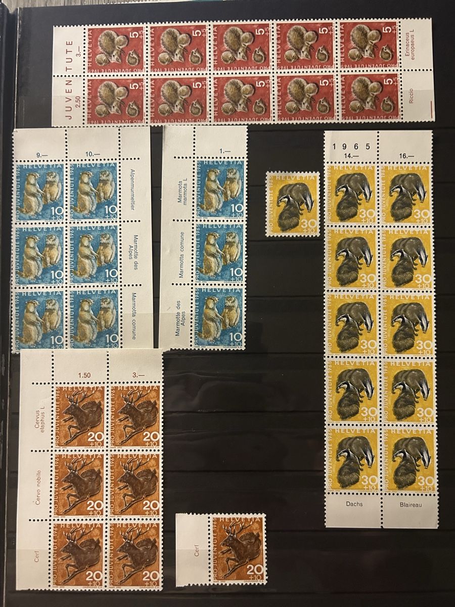 Tutti i francobolli: Schweiz Pro Juventute: Viererblocks & Bogenrand (MNH) – Nuovo e nell'imballaggio originale da Bülach venduto da figop