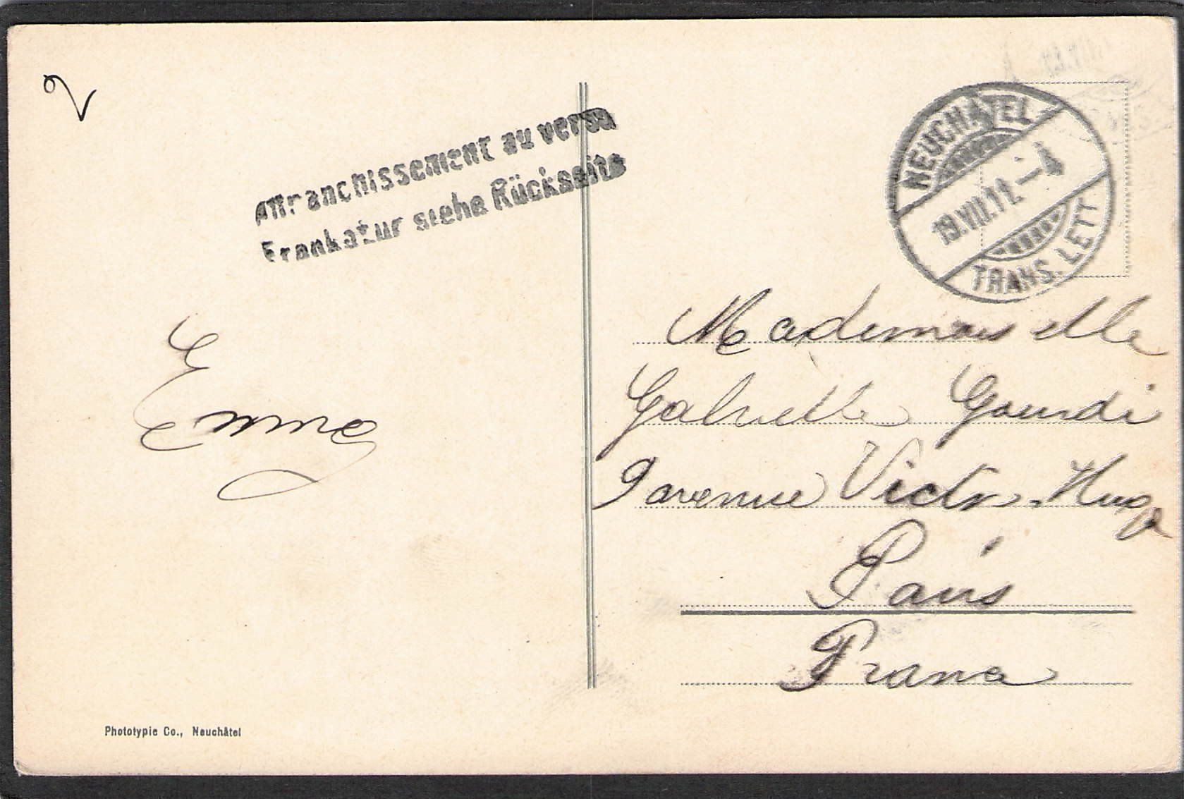 Cartoline postali: CP, Neuchâtel , Quai Osterwald , 1911 – Usato da Reichenburg venduto da Pipo-67 1