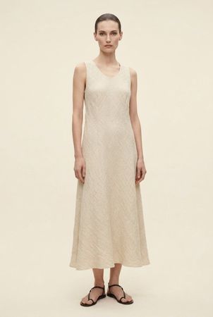 Vintage Robe Longue Lin Texturée Beige T. S