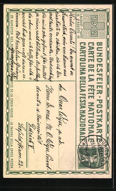 Cartoline postali: Schweizer Bundesfeier 1912, Mann mit Fla – Usato da Berlin venduto da bartko-reher 1