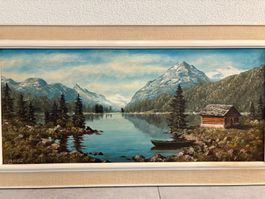 106 cm breitx 55.5 cm hoch Ölgemälde Bergsee mit Hütte
