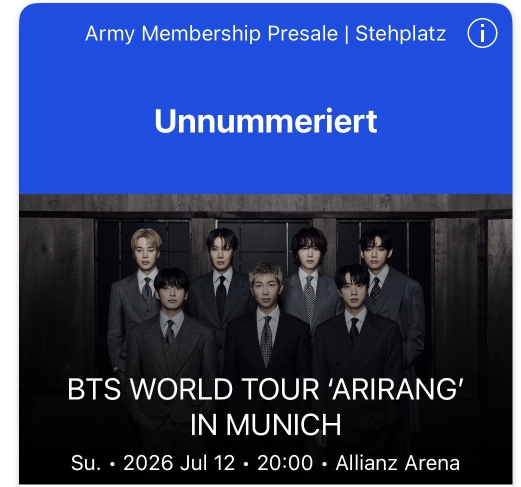Biglietti: BTS Arirang München Stehplatz 12.07.2026 – Nuovo e nell'imballaggio originale da Zofingen venduto da Army07