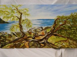 Acrylbild Meeresbucht mit Baum