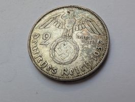 🇩🇪 Third Reich: 2 Reichsmark 1937 G Hindenburg. Silver