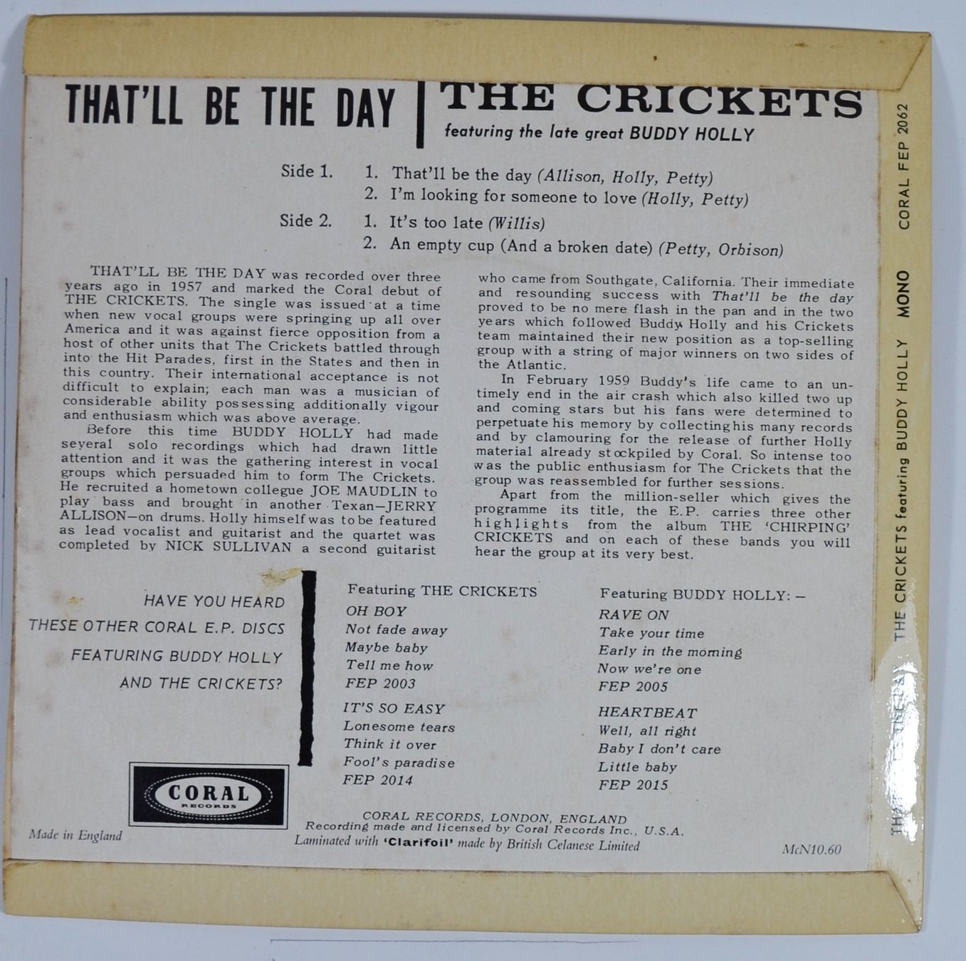 Dischi in vinile: EP: THE CRICKETS feat. BUDDY HOLLY - That'll Be The Day – Nuovo (secondo la descrizione) da Frenkendorf venduto da Yard-Sale-2000 1
