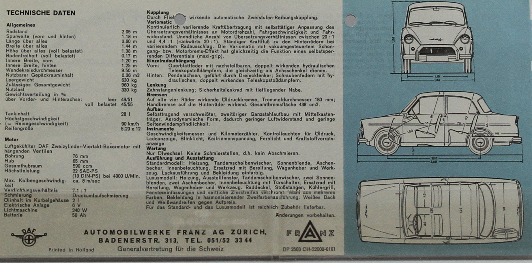 Daf Dokumente: PROSPEKT  | DAF DAFFODIL - 600 VARIOMATIC | AB 01.1961 - DE – Gebraucht aus Unterägeri von GIGOLOLIT 1