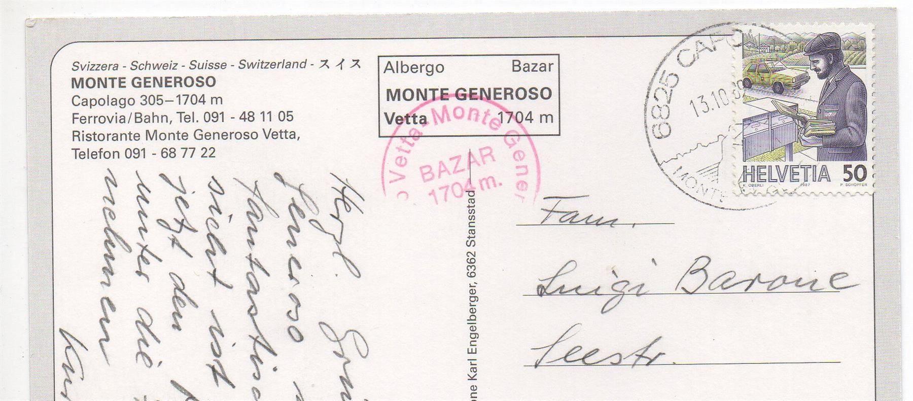 Cartes postales: MONTE GENEROSO Ristorante Bahn Ferrovia – D'occasion à Jona par philajona 1