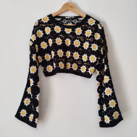ZARA Boho Häckel Top Pulli Shirt Bluse kurz Patchwork Gr.S