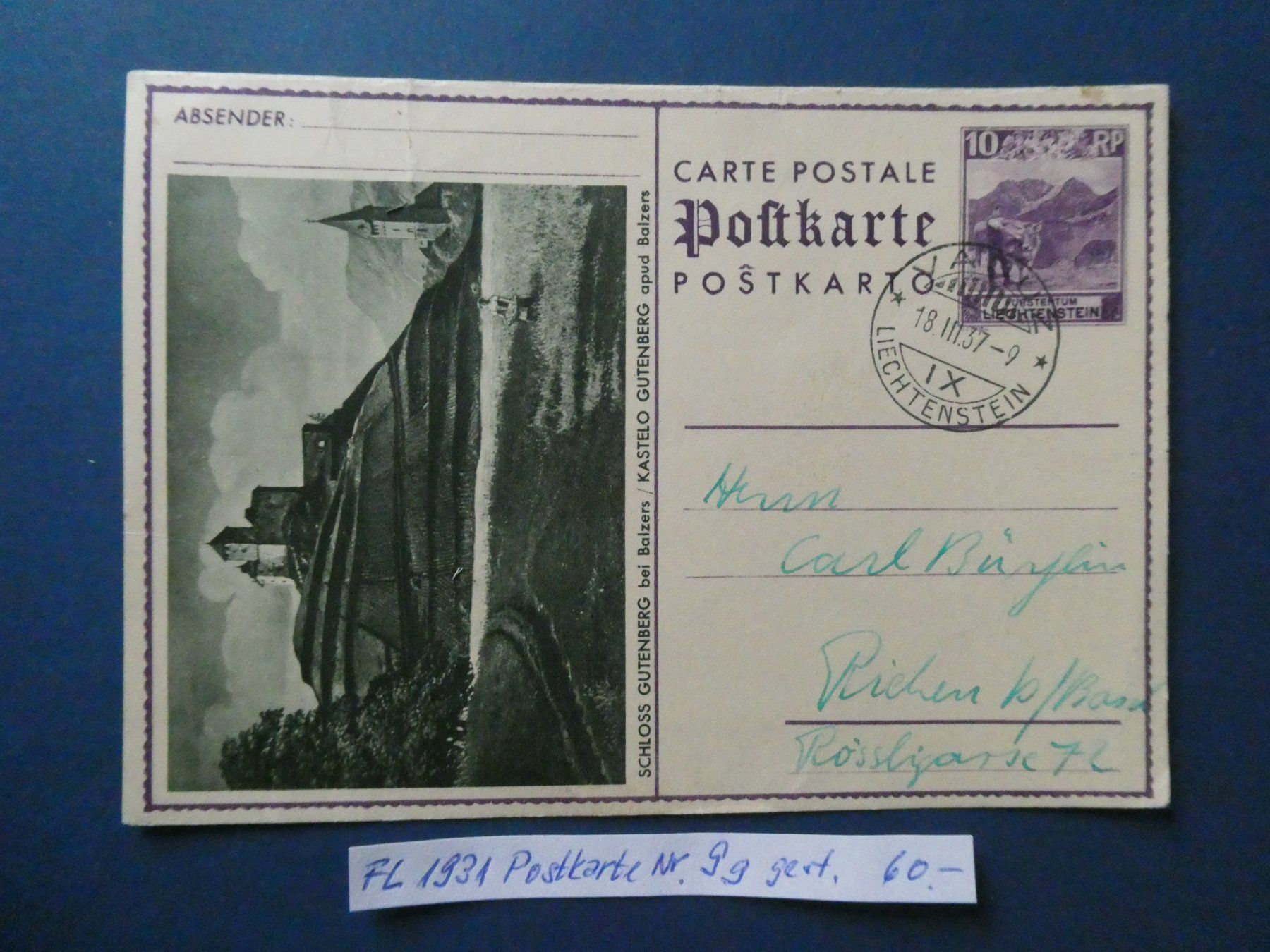 Alle Briefmarken: FL 1931 Postkarte Nr. 9g gestempelt – Gebraucht aus Lausen von Herbamare01