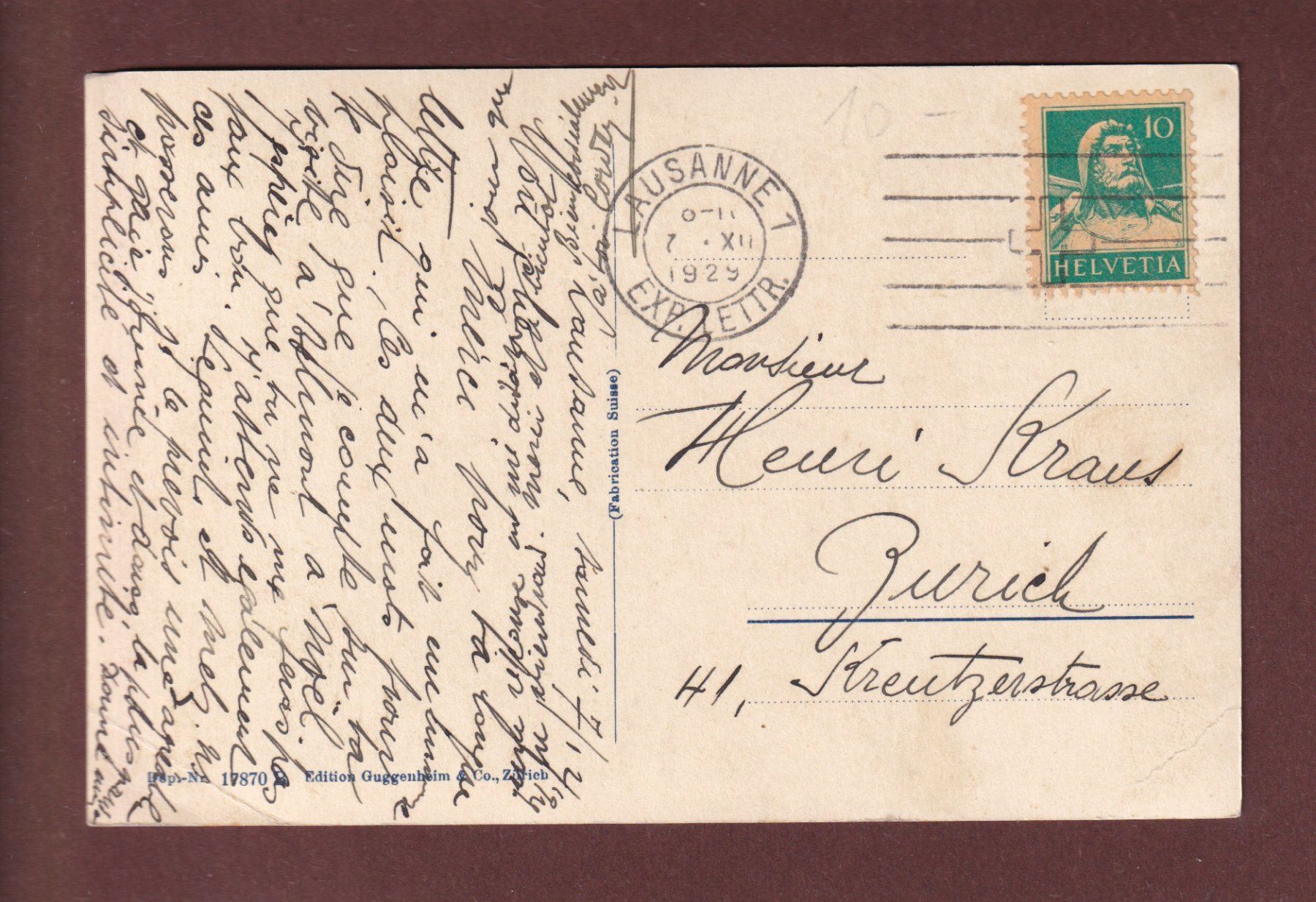 Ansichtskarten: LAUSANNE en hiver - Petit Chêne - 1929 – Gebraucht aus Pully von nicecards 1