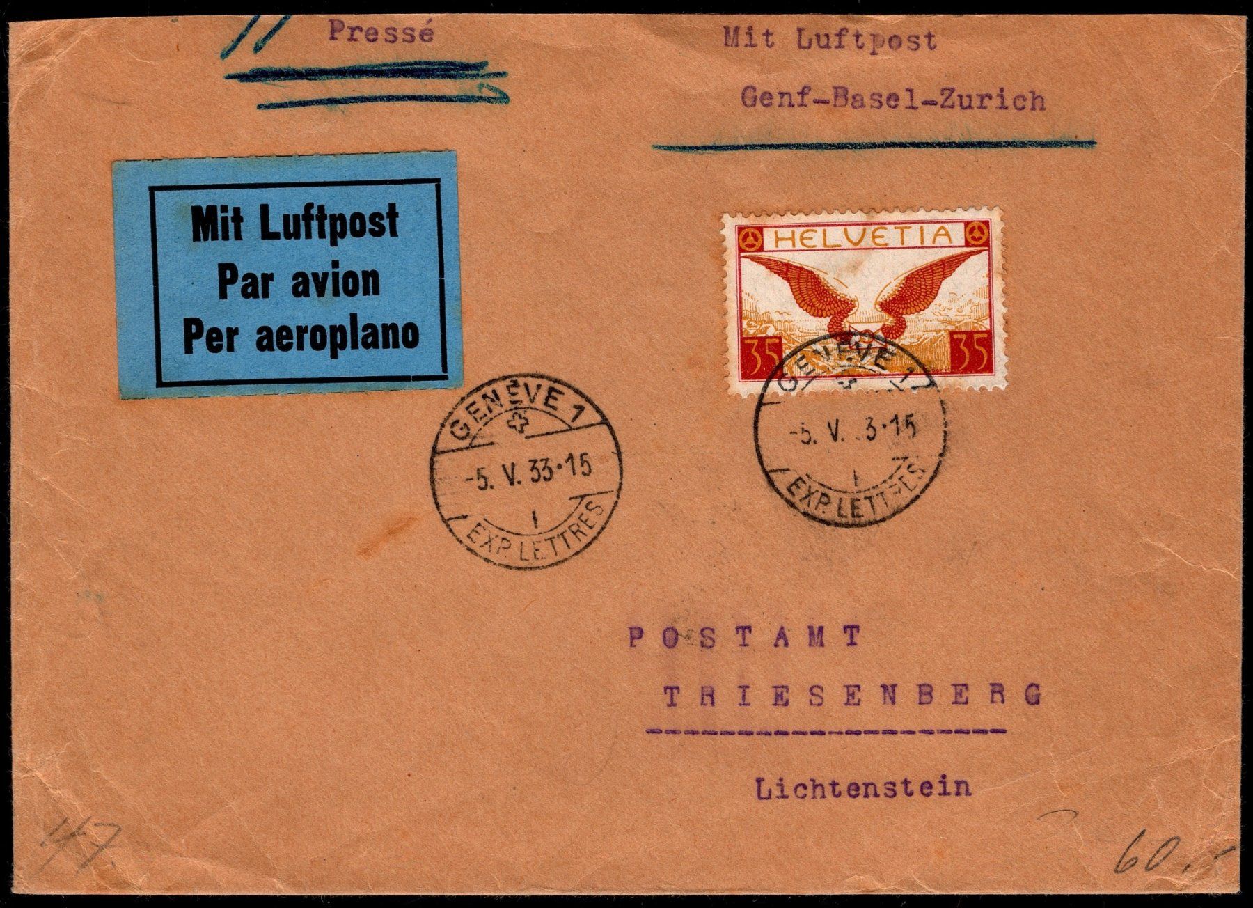 Alle Briefmarken: CH - Flugpost - Flugbrief nach Liechtenstein ab Genf – Gebraucht aus Rombach von VENTIS-Auktionen 1