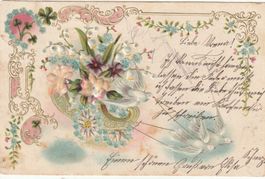 Antike Postkarte, 4 Glücks-Tauben, Frühlingsgruss 1910