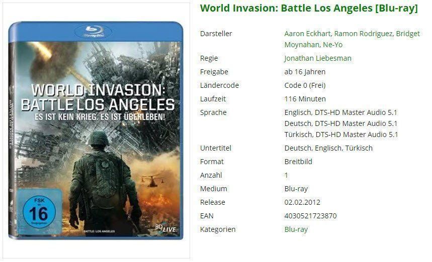 Alle DVDs: World Invasion: Battle Los Angeles – Gebraucht aus Buchrain von Sssschaller