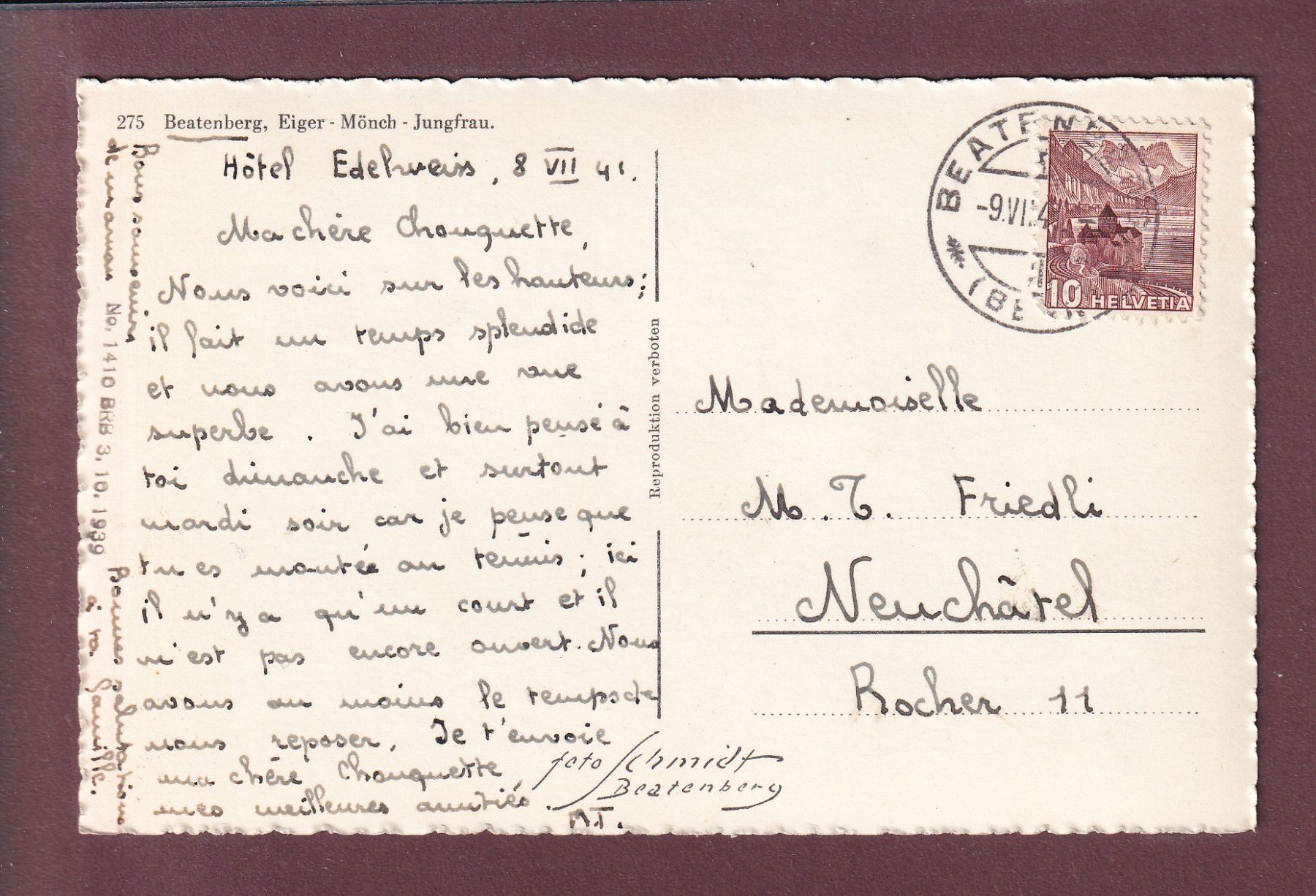 Cartoline postali: BEATENBERG - 1941 – Usato da Pully venduto da nicecards 1