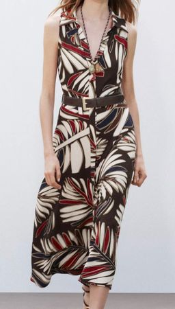 Midikleid mit Blattdruck, Viskose, Größe S/Robe mi-longue