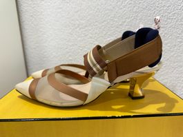 Fendi Colibri Sling Pumps Heels Braun Gold Mesh Canvas Gr.36