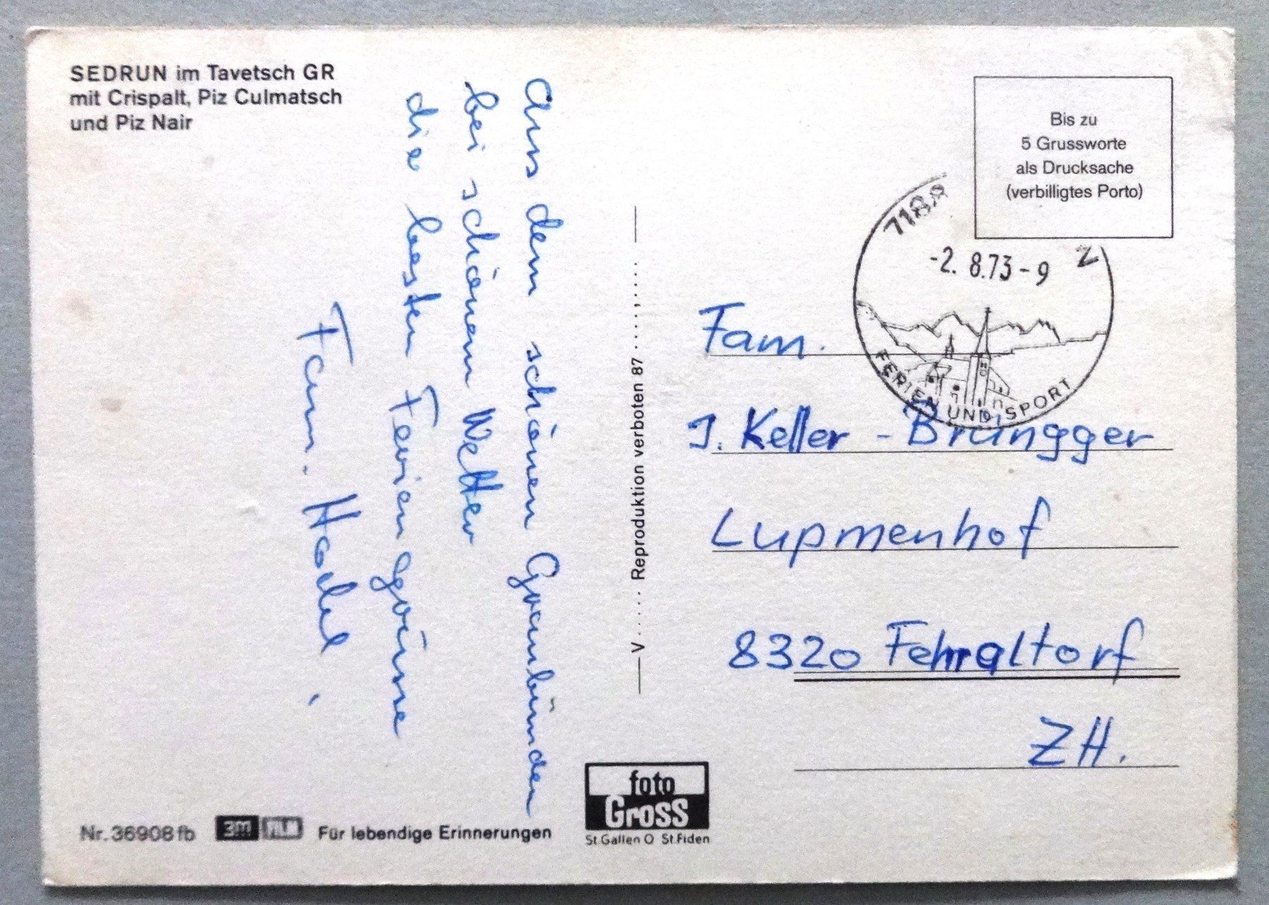 Cartoline postali: Sedrun im Tavetsch GR – Difettoso da Fétigny venduto da Billy2miny 1