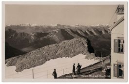 Säntis-Hotel, belebt, Blick auf Churfirsten, geschätzt 1925