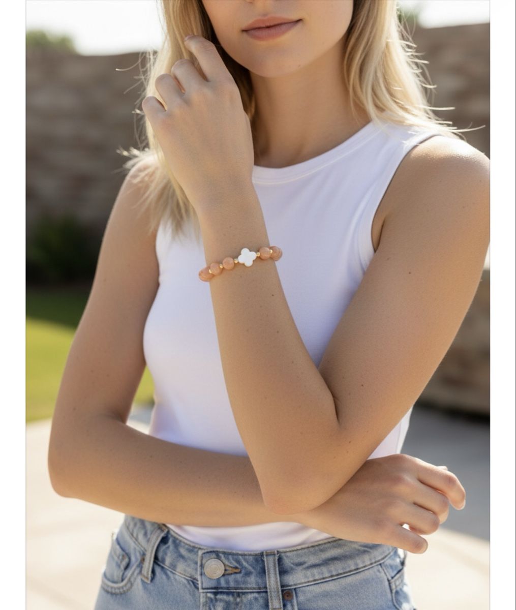 Bracciali & Braccialetti: Wunderschönes Sonnenstein Stretch Armband mit Kleeblatt. – Nuovo e nell'imballaggio originale da Kriens venduto da Hortensie6 2