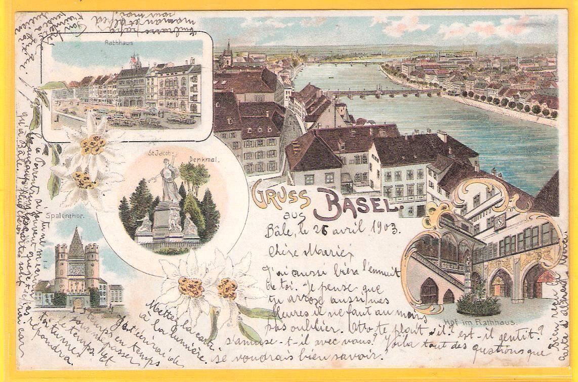 Ansichtskarten: 25.4.1903 Farb-Litho Gruss aus Basel /4 Bilder – Gebraucht aus Zürich von Hagliweg 2