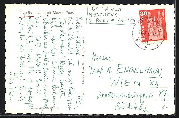 Ansichtskarten: AK Territet, Institut Monte-Rosa, 1962 – Gebraucht aus Berlin von bartko-reher 1