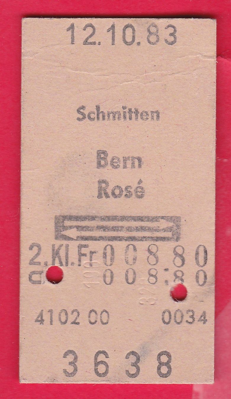 Biglietti: KARTON BILLETT, SCHMITTEN - ROSÉ, 2.KLASSE, RETOUR – Usato da Oberrieden venduto da Gebirgsstelze