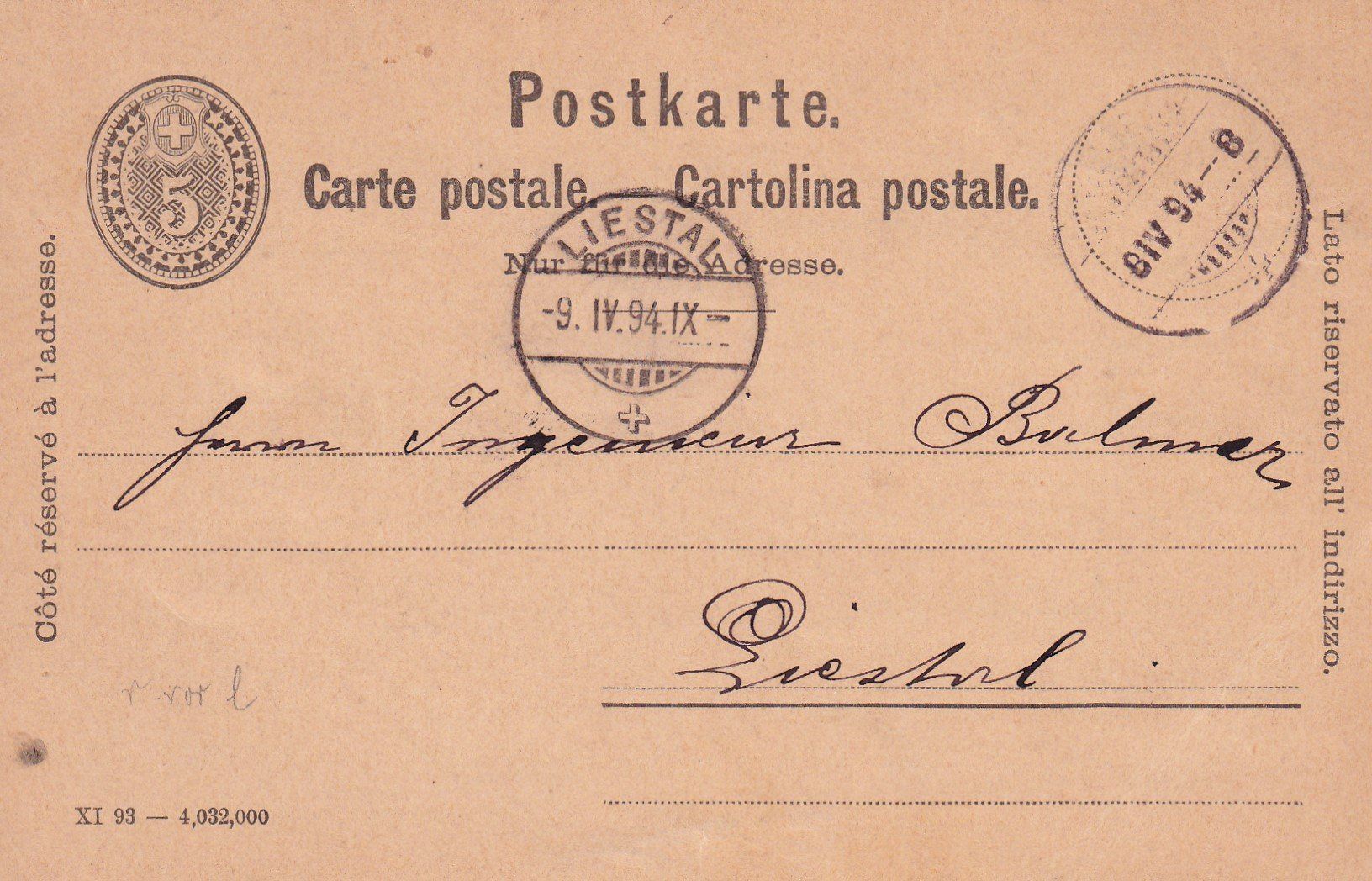 Tutti i francobolli: Postkarte nach Liestal 9.IV.94 – Usato da Birsfelden venduto da chr_yq2g
