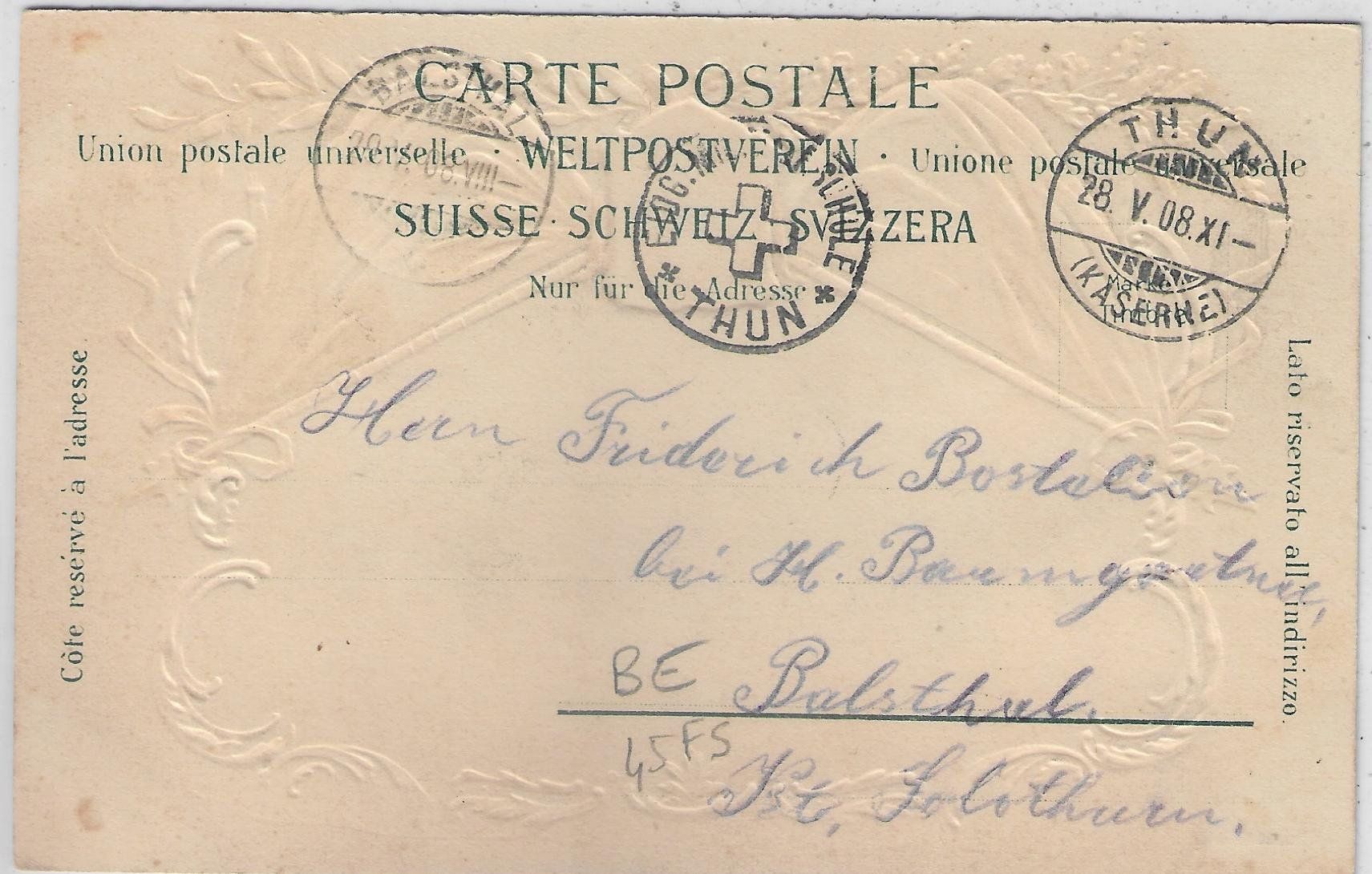 Cartoline postali: Thun - Caserne - Präge-Litho 1908 – Usato da Ettingen venduto da Kartenplanet 1
