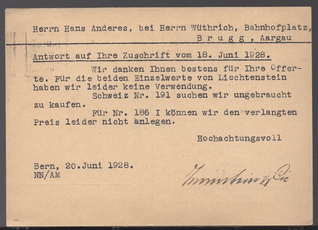 Tutti i francobolli: Zunstein & Cie. BERN 20.VI.1928 – Usato da Aarau venduto da kufi44 2