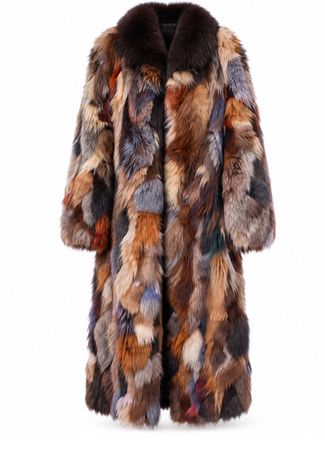 Manteau long vintage en véritable fourrure multicolore